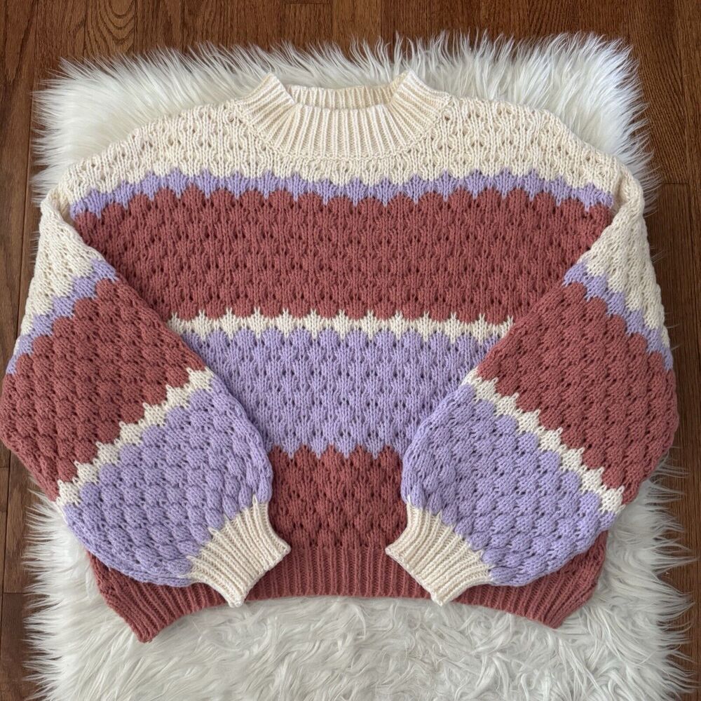 Chunky Knit Colorblock Sweater Women’s Small Crochet Balloon Sleeve Pullover Art